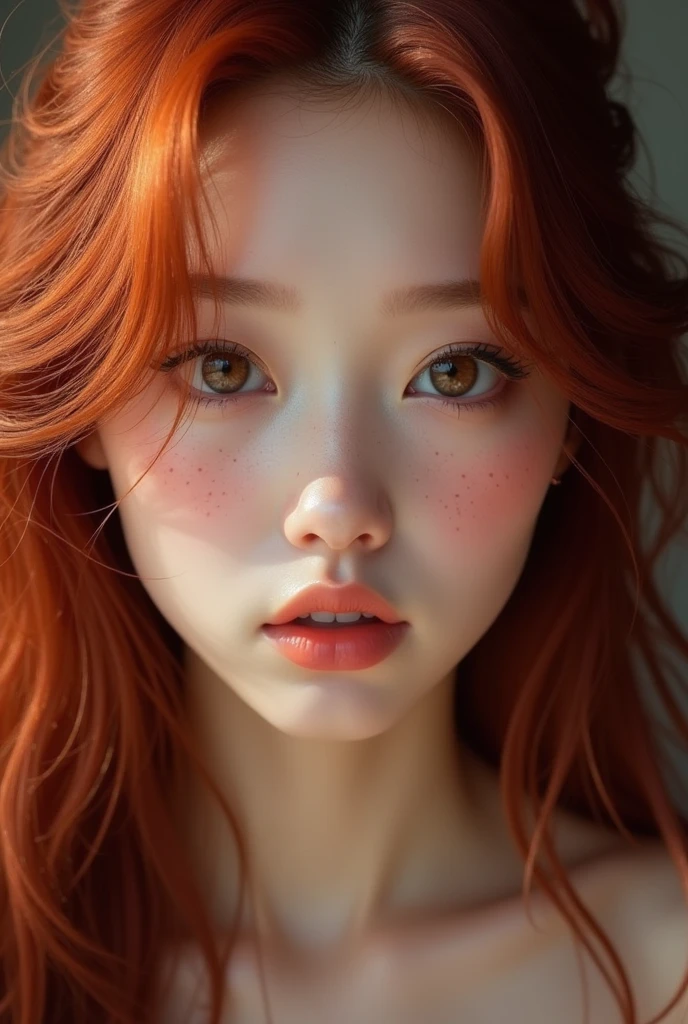 create a korean ulzzang with long wine red hair, big round brown eyes, fair skin, soft features, freckles and heavy make-up