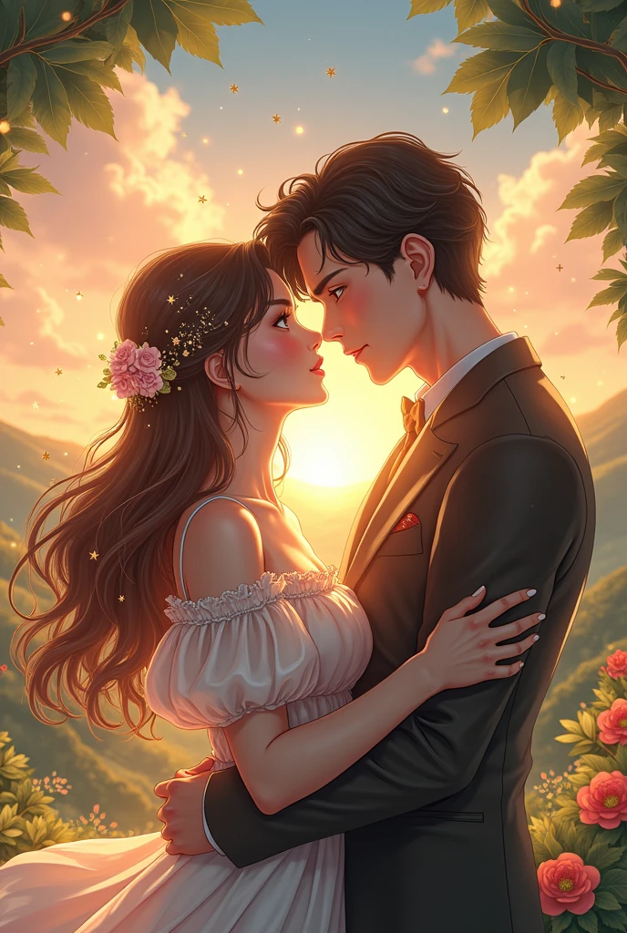 A girl beautidul doin magic with a handsome
boy draw in semi realistic anime style.add more romance.kissing scene