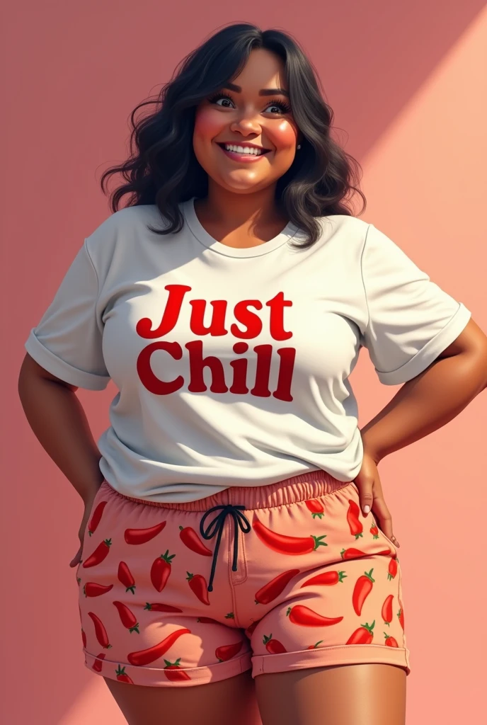 A chubyy girl age wear white shirt printed ( just chill) in red and black half pant printed red chillies on ot