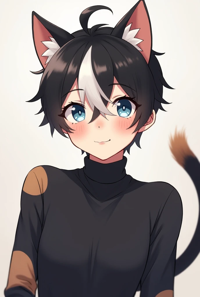a cute man with cat ears and a cat tail, with black hair that has white and brown patches like a calico cat, with clear blue eyes, wearing a black turtle neck, by ryoko kui
