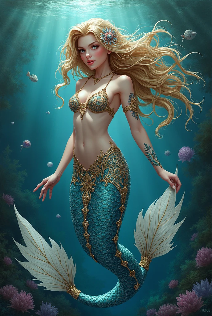 image, a beautiful mermaid with pointlillism style inspired, full body, face detailed, Intricate pattern, Detail part, Dynamic pose, Detailed background, Dynamic light, personalize d6adrx --stylize300 --