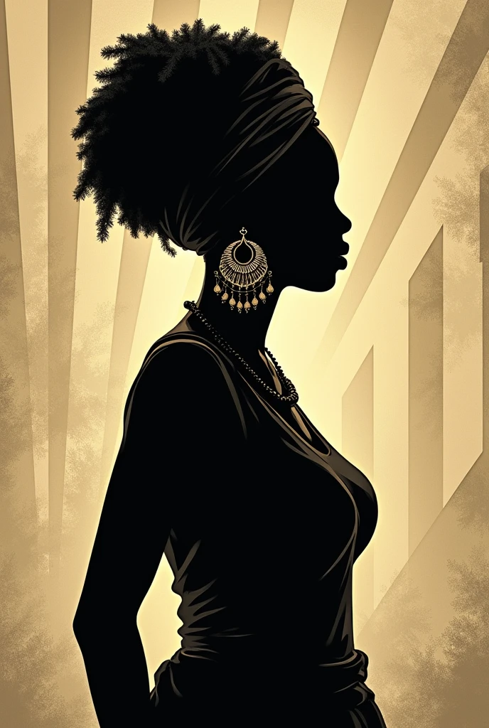 Create a 2d drawing, woman silhouette in profile, black quilombola without a face, wearing turban, ready to fight, big earrings, prevalence of beige cores, Unripe , blackw, rot. Stripes and triangles background.