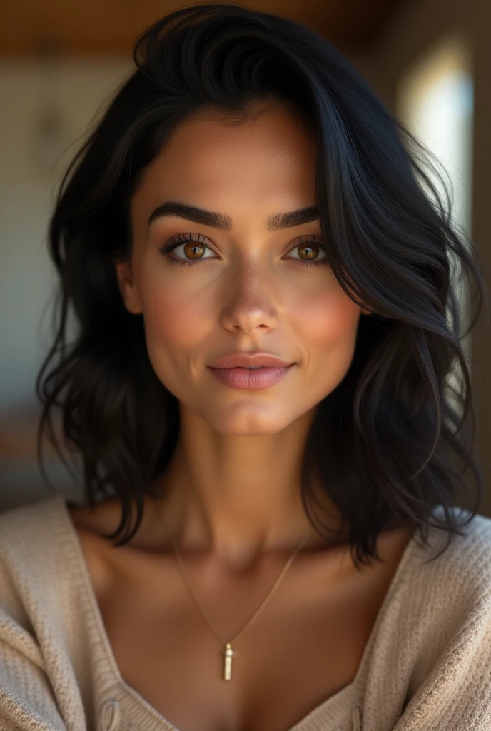 Create a hyper-realistic portrait of a woman in her early 30s with olive-toned skin and wavy, shoulder-length black hair. She has expressive brown eyes, full lips, and a gentle smile. Her makeup is minimal, focusing on enhancing her natural beauty, with a slight emphasis on her eyes. She wears a casual, yet stylish, outfit—such as a soft, beige sweater with a delicate necklace. The background is a softly blurred indoor setting with warm lighting, highlighting the texture of her skin, the strands of her hair, and the depth in her eyes, creating a serene and intimate atmosphere
