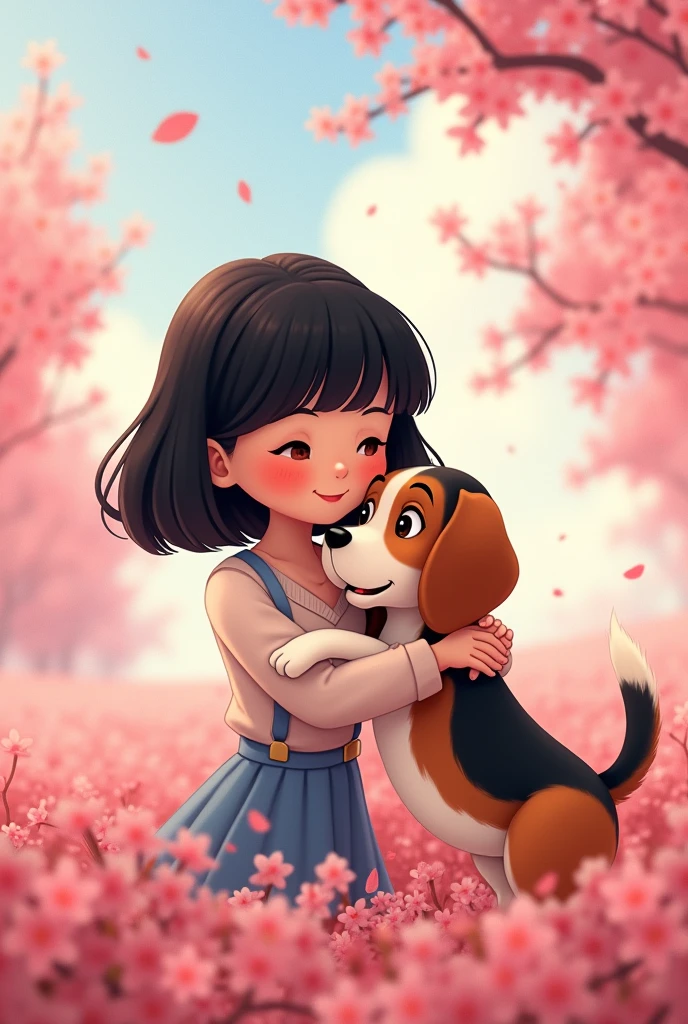 Disney animated of a teenage girl with black bob hair with a bangs hugging a tricolor beagle in a field of sakura flowers