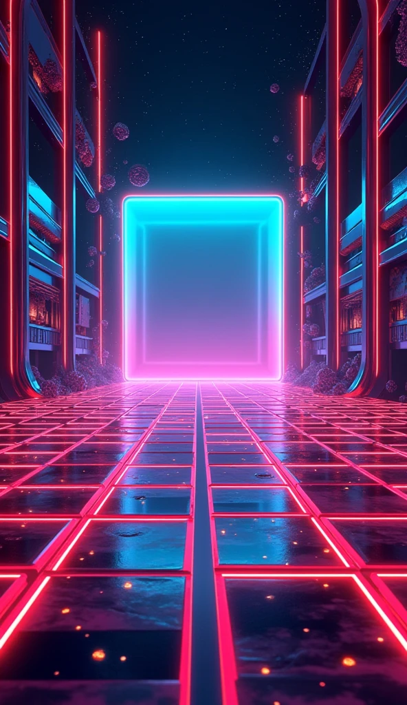 Retro Futurism Grid: A high-quality Instagram cover drawing from retro-futuristic design, featuring neon grids, chrome textures, and planetary elements. The central image area is framed by neon lines, and a glowing, holographic box is reserved for your caption, using bold, techno-inspired fonts.