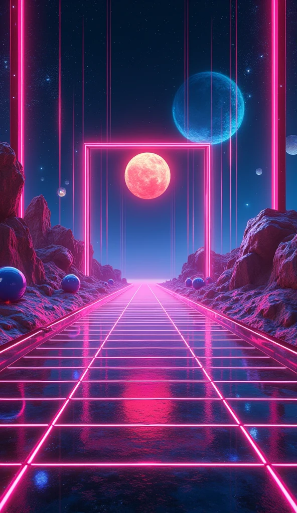 Retro Futurism Grid: A high-quality Instagram cover drawing from retro-futuristic design, featuring neon grids, chrome textures, and planetary elements. The central image area is framed by neon lines, and a glowing, holographic box is reserved for your caption, using bold, techno-inspired fonts.