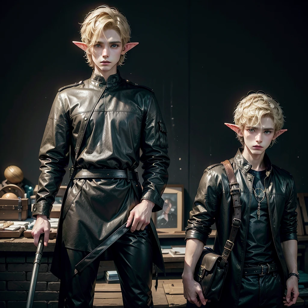 Elf, young, man, medium build, blond, in a black matte leather tunic, short hair, a bag in which tools are kept,