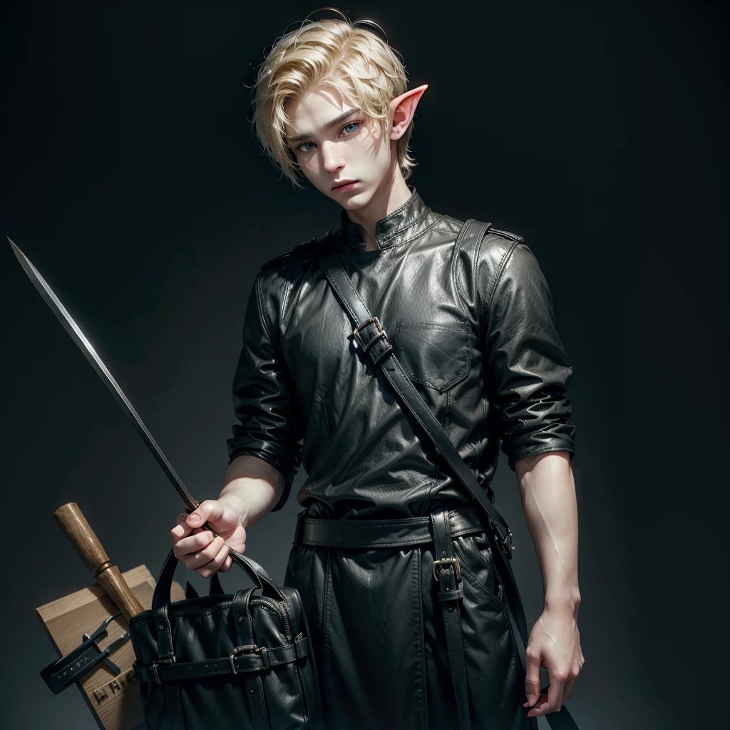 Elf, young, man, medium build, blond, in a black matte leather tunic, short hair, a bag in which tools are kept,