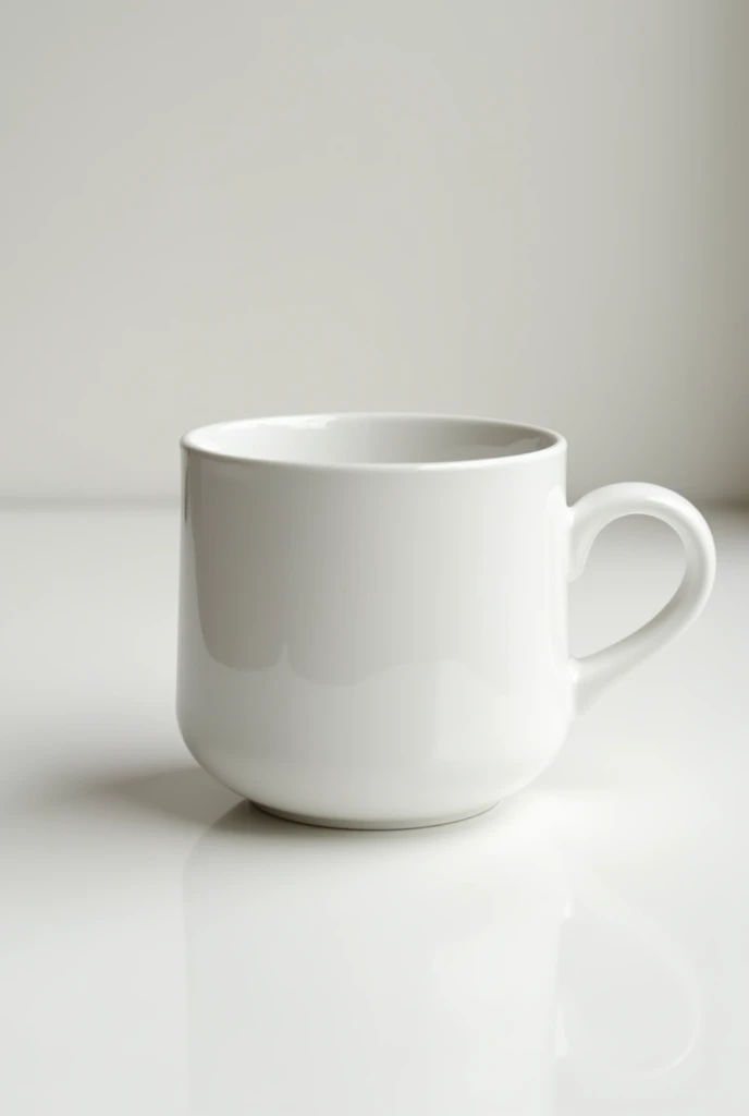 Design a plain white ceramic mug with no prints or graphics. The mug should have a smooth, glossy finish.