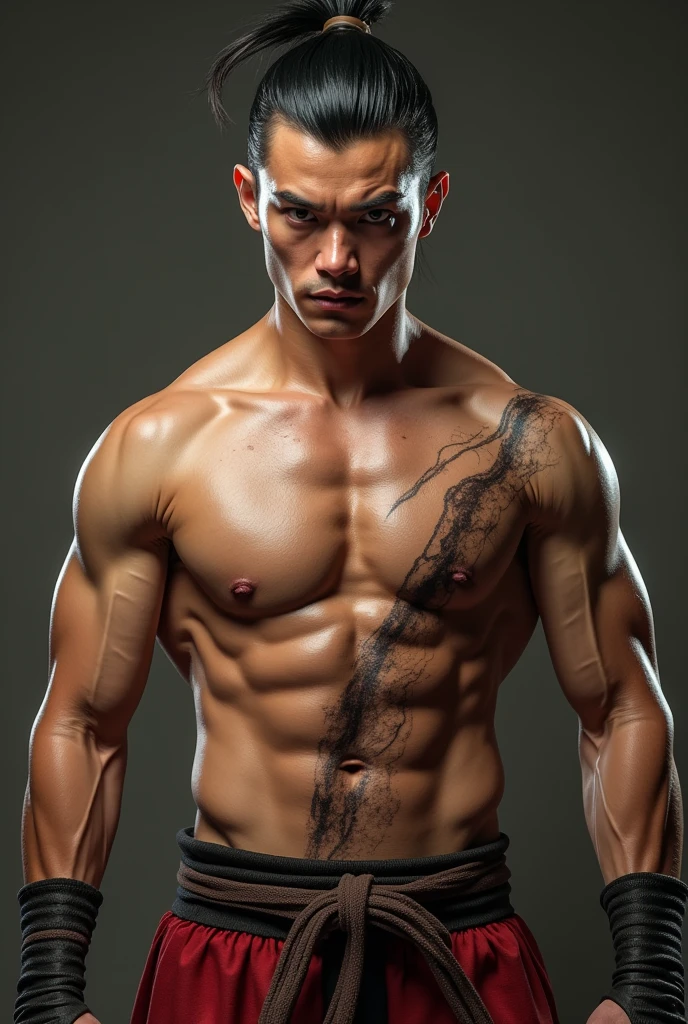 A bare-knuckle fighter with Chinese features with a scar from his belly to his chest from a sword cut ,very high, handsome and with few muscles, eyes browns , with moles next to each eyebrow, samurai bun hair, and with slippers on my feet