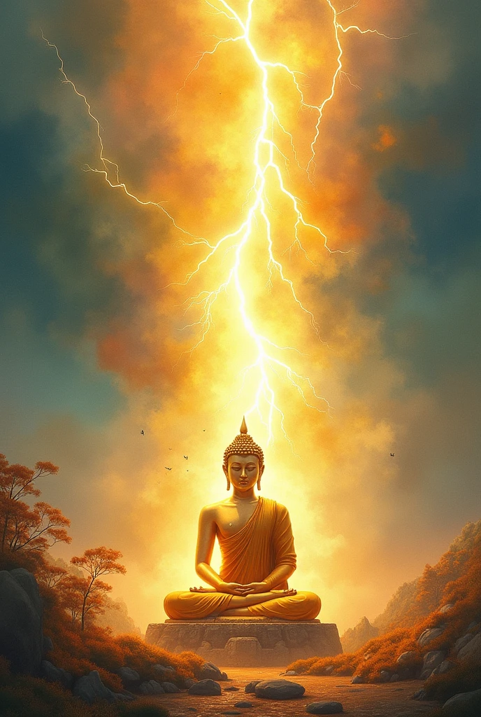 ethereal watercolor heaven, soft yet vibrant hues that blend to create an immersive atmosphere, reflecting the raw faith and emotional depth of the Buddhist art lightning around the Buddha, Lightning strikes the Buddha in the background and the Buddha is golden.. --c 10 --ar 4:3 --quality 2 --p --stylize 500 --v 6.1