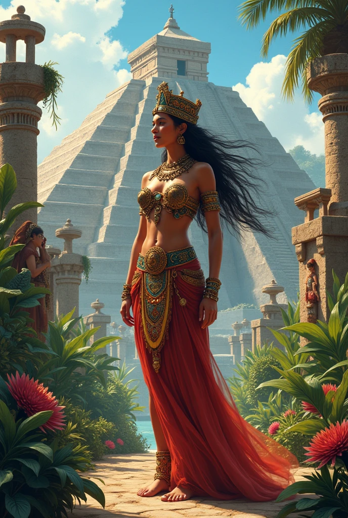 Beautiful aztec woman with pyramids and plants and other aztec people with her. Take inspiration from aztec sculptures and mexican art
