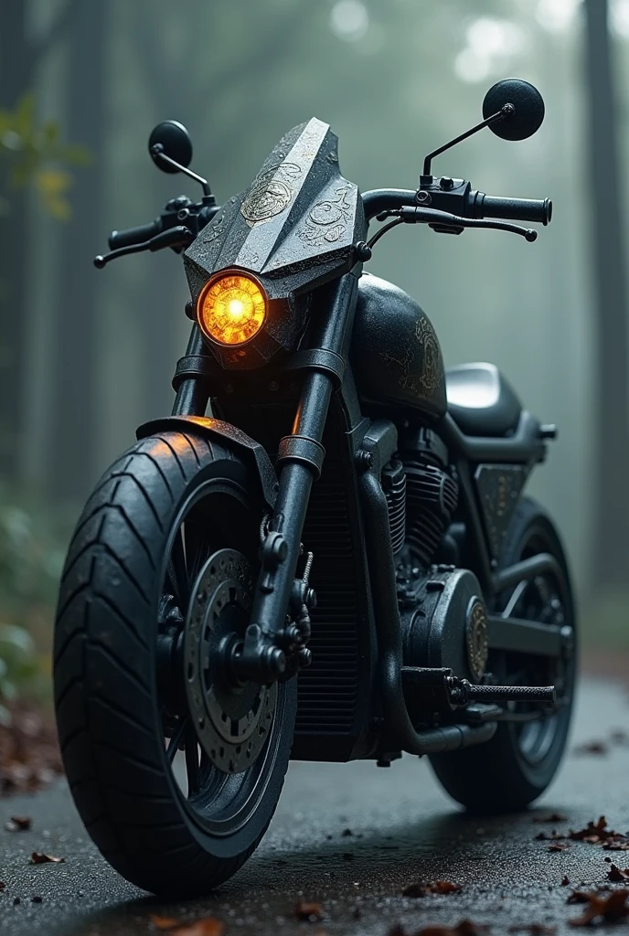 Create an image of a large motorcycle, black, ancient and cursed, like the fictional character ghost rider without the fire.