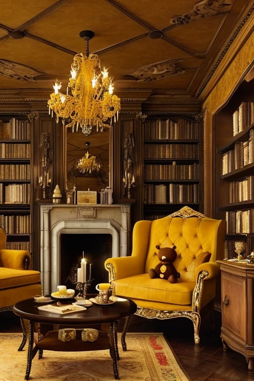 Gothic architecture、Yellow and brown atmosphere、Gothic、yellow、wood、very small teddy bear、Teddy bear under the tree、mantelpiece、table、stage、hinterland、room、chandelier、candle、living、fireplace、sofa、cushion、Honey、Jar of honey、ローtable、Big Wooden Pillar、Bookshelf、Big Book