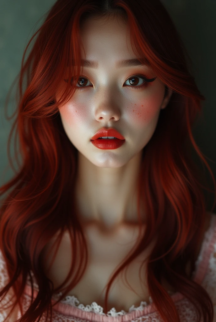 create a korean ulzzang with long wine red hair, big round brown eyes, fair skin, soft features, freckles and dark heavy make-up