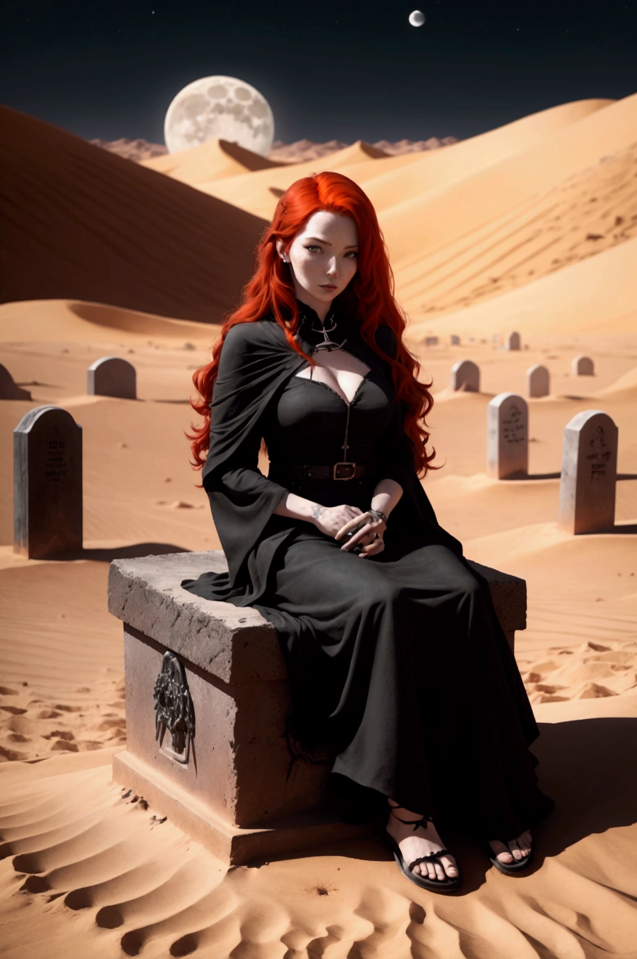 red haired woman sitting on closed black coffin in the middle of desert, there are tombstones all around, night, the moon is shining in the sky