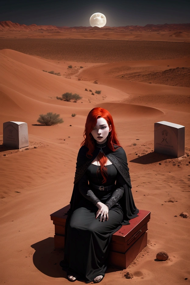 red haired woman sitting on closed black coffin in the middle of desert, there are tombstones all around, night, the moon is shining in the sky