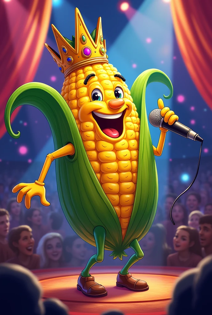 Mazorca singing with a microphone and a crown on a stage dancing cumbia
