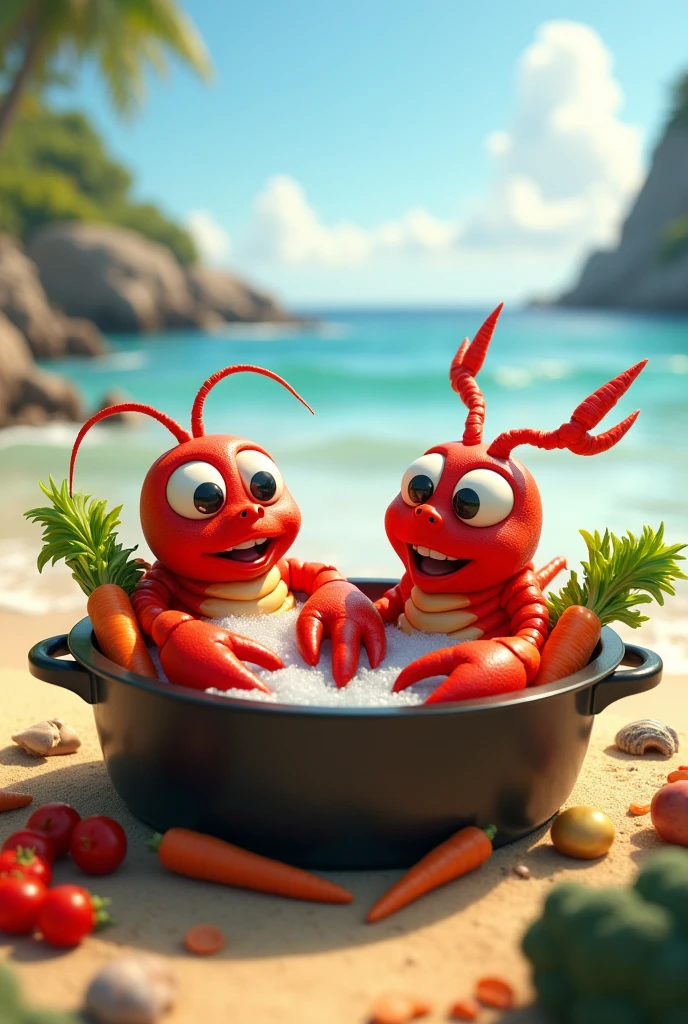 Couple de homards aves de grands yeux qui se baignent dans une marmite avec des légumes sur une plage mode Pixar