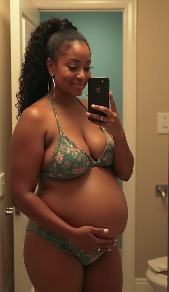 Pov fisheye view camera angle view when Cardi B&#39;s fat plus size mother is 9 months 39 weeks pregnant taking a selfie wearing a bikini and holding an iPhone in front of the bathroom mirror with a big belly. HD, cinematic, 8k, extra detail, high shapering, masterpiece, fujifilm