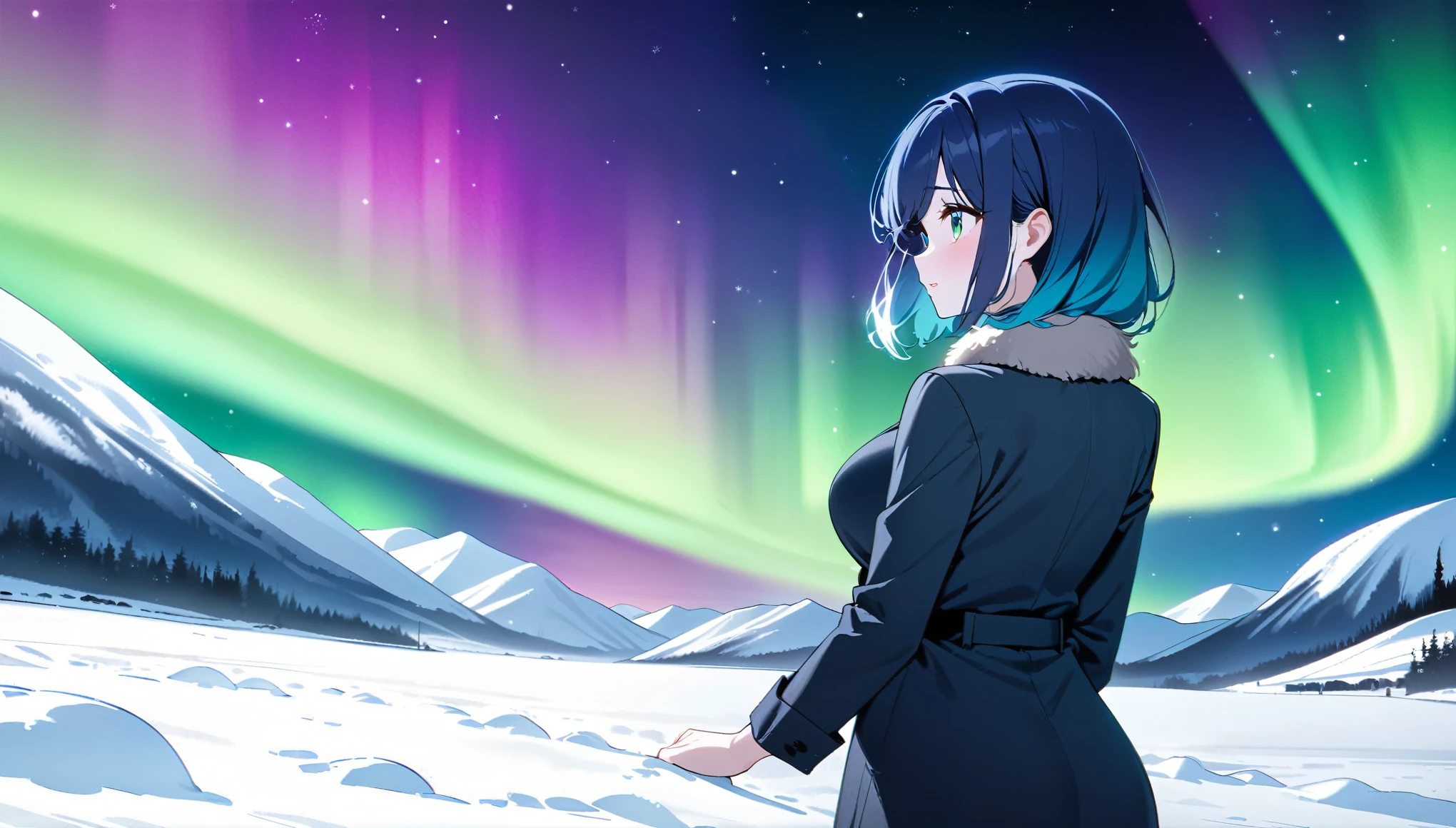 blue hair, green eyes, medium hair, gradient hair, snow-covered landscape, midnight, stunning aurora, girl gazing at aurora, big breasts, slim waist, white skin, beautiful, petite, fine hair, beautiful hair, warm coat, cozy, back shot, detailed face, beautiful eyes, elegant, cute, anime-style, manga-inspired, captivating, artistic depth, emotional resonance, masterpiece, ultra high quality illustration, high resolution, 16k, beautiful, delicate, (SuperQuality:1.2)