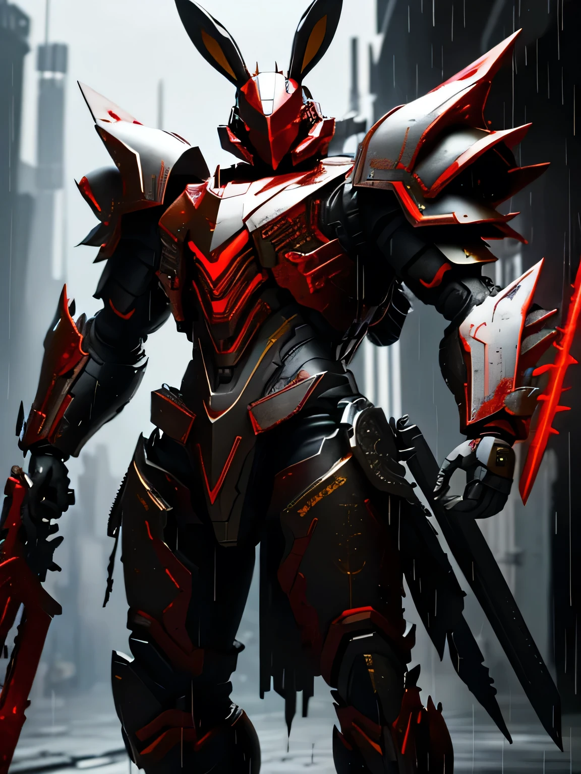 mecha, rabbit, huge hand blade robot, black, red, and yellow, male strong rabbit mecha, realistic background, bloody rain, blood armor, blood spike, rabbit armor, big mecha, big armour, heavy layer armour