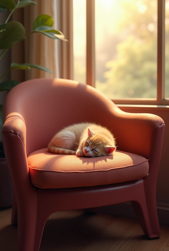 Create the image of a Roman kitten lying sleeping on a wine-colored plastic chair near the window