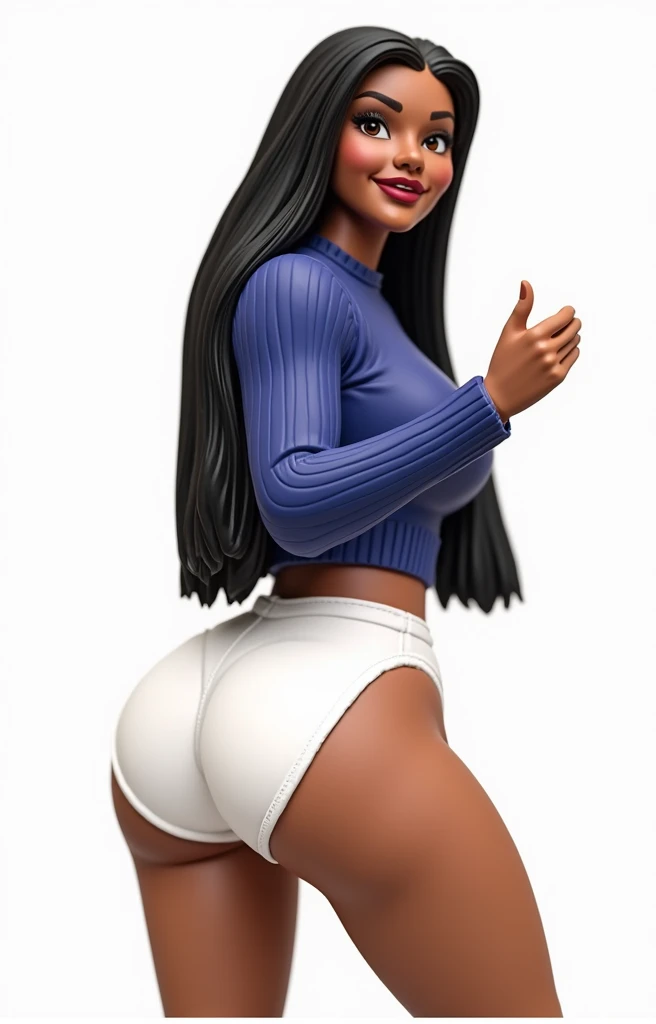 (masterpiece, best quality)), ((((perfect anatomy)))), Heavyset black woman with long black hair, dark eyeshadow, dark red lipstick, blue sweater, (((big white cotton panties))), big booty, smiling, (((realistic Action figure, toy close up, detailed figurine)))