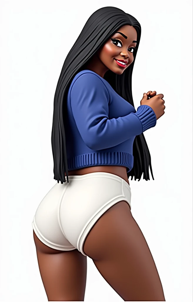 (masterpiece, best quality)), ((((perfect anatomy)))), Heavyset black woman with long black hair, dark eyeshadow, dark red lipstick, blue sweater, (((big white cotton panties))), big booty, smiling, (((realistic Action figure, toy close up, detailed figurine)))