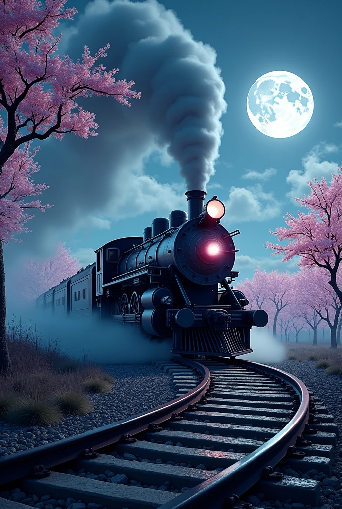 Absurd, High resolution, Super detailed, beautiful, masterpiece, Highest quality、reflection、Realな質感、Realistic、Real、Realistic、Blur、steam locomotive、Running along the tracks、Spiral track、Night Sky、full moon、cloud、Cherry blossom trees、