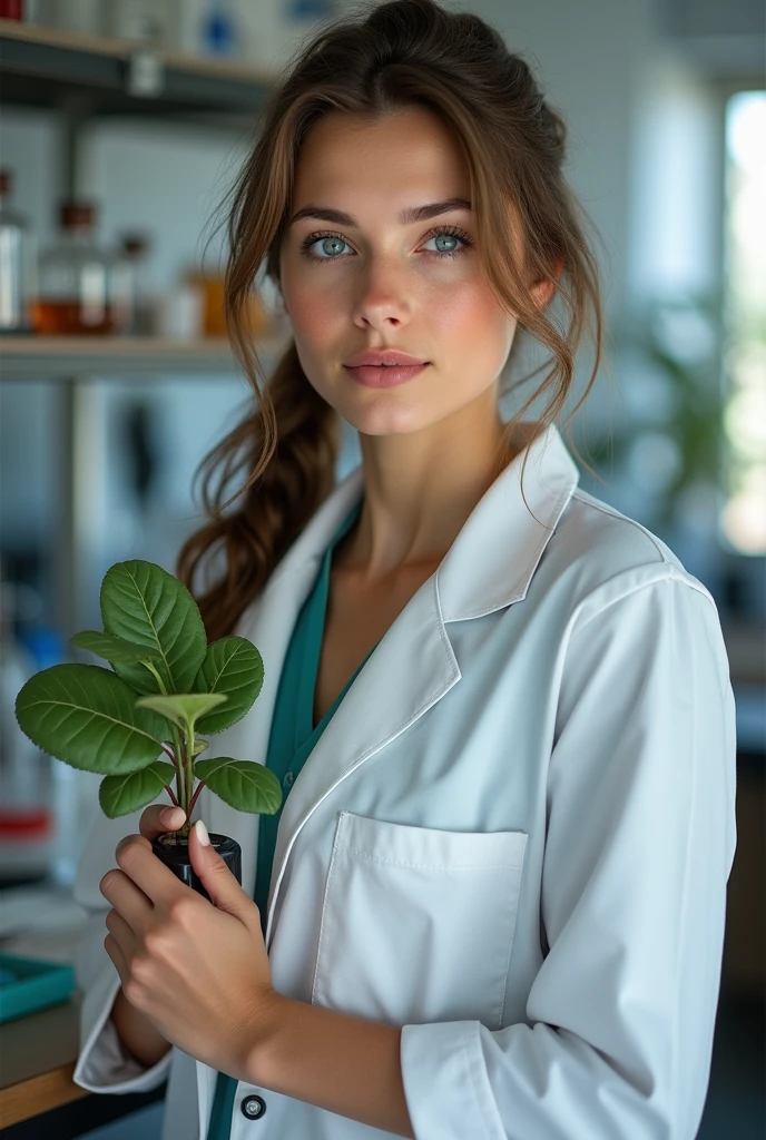best qualityer, it works, (realisitic: 1,2), 1 girl, chestnut hair, eyes browns, 正面, face detailed, beautiful blue eyes, with a scientist's lab coat holding a plant