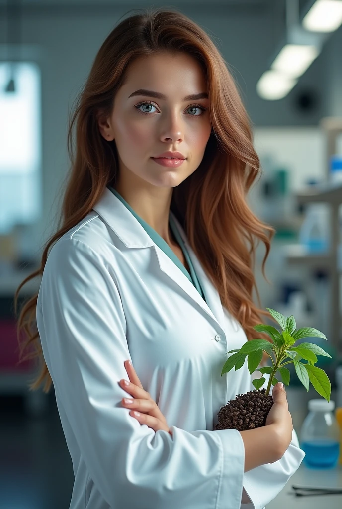 best qualityer, it works, (realisitic: 1,2), 1 girl, chestnut hair, eyes browns, 正面, face detailed, beautiful blue eyes, with a scientist's lab coat holding a plant