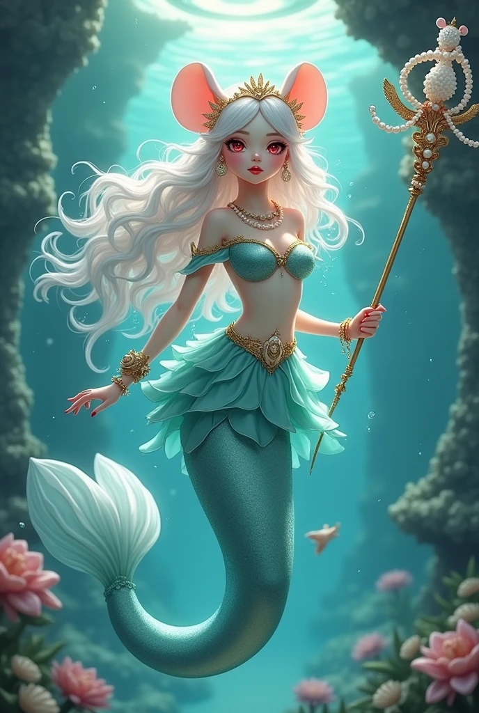 (best quality,4k,8k,highres,masterpiece:1.2),ultra-detailed, drawn in 2D anime style, Pretty albino girl magically transformed into a beautiful mermaid princess, the princess of the sea, race swap, fantastic transformation, sharp teeth, beautifully detailed lips with lipstick, she’s smiling, steampunk, fishlike, wet body, very long curly white hair adorned with hair accessories, red eyes with long eyelashes, white fur, slim body, red manicured nails, whiskers, mouse ears with pearls earrings hanging from them, long mermaid tail below waistline with shimmering cyan fish scales, pelvic and dorsal fins, a pair of fish gills on her torso, highly detailed seashell bra with intricate patterns, pearl and gold bracelets, pearl necklace, tiara made of seashells, cute turquoise princess dress, iridescent colours, physically-based rendering,gorgeous frilly dress design,flowing gown,elaborate lace details,rich textures,contrast stitching,delicate ribbon bows,fish scale accents,translucent flowing layered sleeves, translucent skirt,fitted waistline,lace-up back,luxurious fabrics,flawless silhouette, joyful expression, sparkling water, water reflections, ethereal atmosphere, subtle glow, whimsical and enchanting, gracefully swimming in a hallway, she is holding a magic staff made of seashells and pearls, underwater castle interior, intricately decorated room, magical underwater lighting, vivid colors, breathing underwater, endless ocean depths, light filtering through the water.