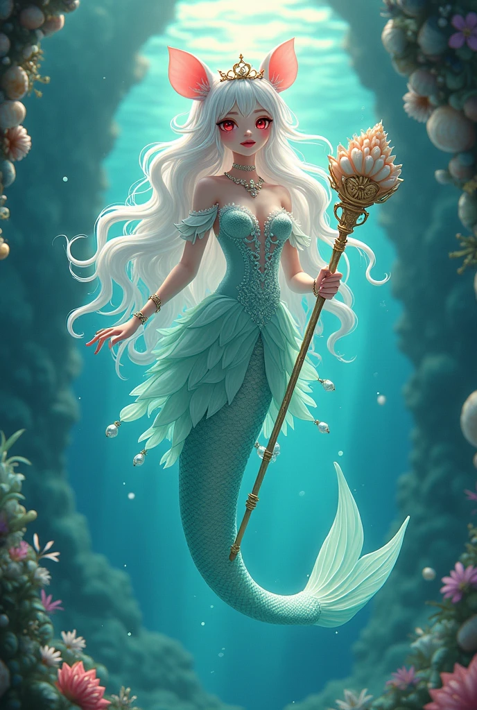 (best quality,4k,8k,highres,masterpiece:1.2),ultra-detailed, drawn in 2D anime style, Pretty albino girl magically transformed into a beautiful mermaid princess, the princess of the sea, race swap, fantastic transformation, sharp teeth, beautifully detailed lips with lipstick, she’s smiling, steampunk, fishlike, wet body, very long curly white hair adorned with hair accessories, red eyes with long eyelashes, white fur, slim body, red manicured nails, whiskers, mouse ears with pearls earrings hanging from them, long mermaid tail below waistline with shimmering cyan fish scales, pelvic and dorsal fins, a pair of fish gills on her torso, highly detailed seashell bra with intricate patterns, pearl and gold bracelets, pearl necklace, tiara made of seashells, cute turquoise princess dress, iridescent colours, physically-based rendering,gorgeous frilly dress design,flowing gown,elaborate lace details,rich textures,contrast stitching,delicate ribbon bows,fish scale accents,translucent flowing layered sleeves, translucent skirt,fitted waistline,lace-up back,luxurious fabrics,flawless silhouette, joyful expression, sparkling water, water reflections, ethereal atmosphere, subtle glow, whimsical and enchanting, gracefully swimming in a hallway, she is holding a magic staff made of seashells and pearls, underwater castle interior, intricately decorated room, magical underwater lighting, vivid colors, breathing underwater, endless ocean depths, light filtering through the water.