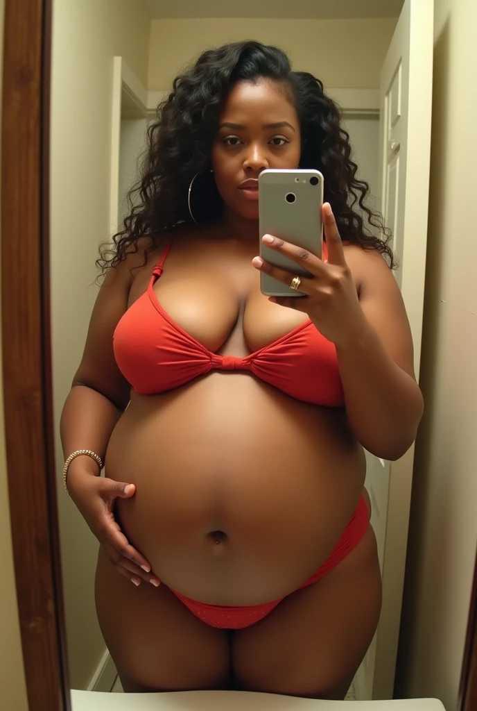 Pov fisheye view camera angle view when Cardi B's fat plus size mother is 9 months 39 weeks pregnant taking a selfie wearing a bikini and holding an iPhone in front of the bathroom mirror with a big belly. HD, cinematic, 8k, extra detail, high shapering, masterpiece, fujifilm
