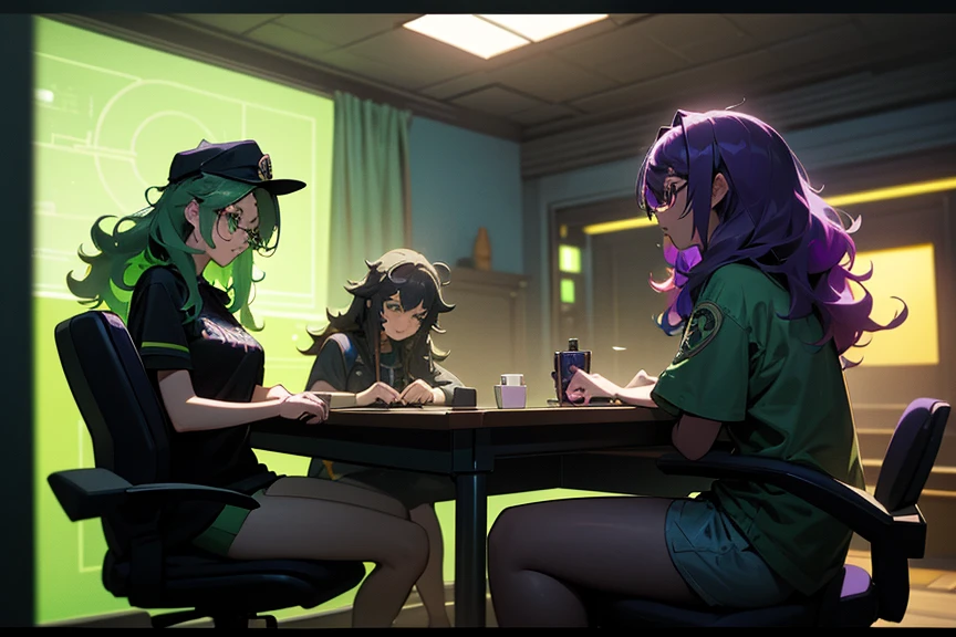 a podcast room, 3 chairs, 2 waifus and 1 otaku, waifu 1 with curly hair and sage green glasses, waifu 2 with wavy hair and purple glasses, otaku wearing black cap and anime shirt, rgb lighting, detailed 3D rendering, highly photorealistic, 8k, cinematic lighting, intricate details, vibrant colors, studio quality