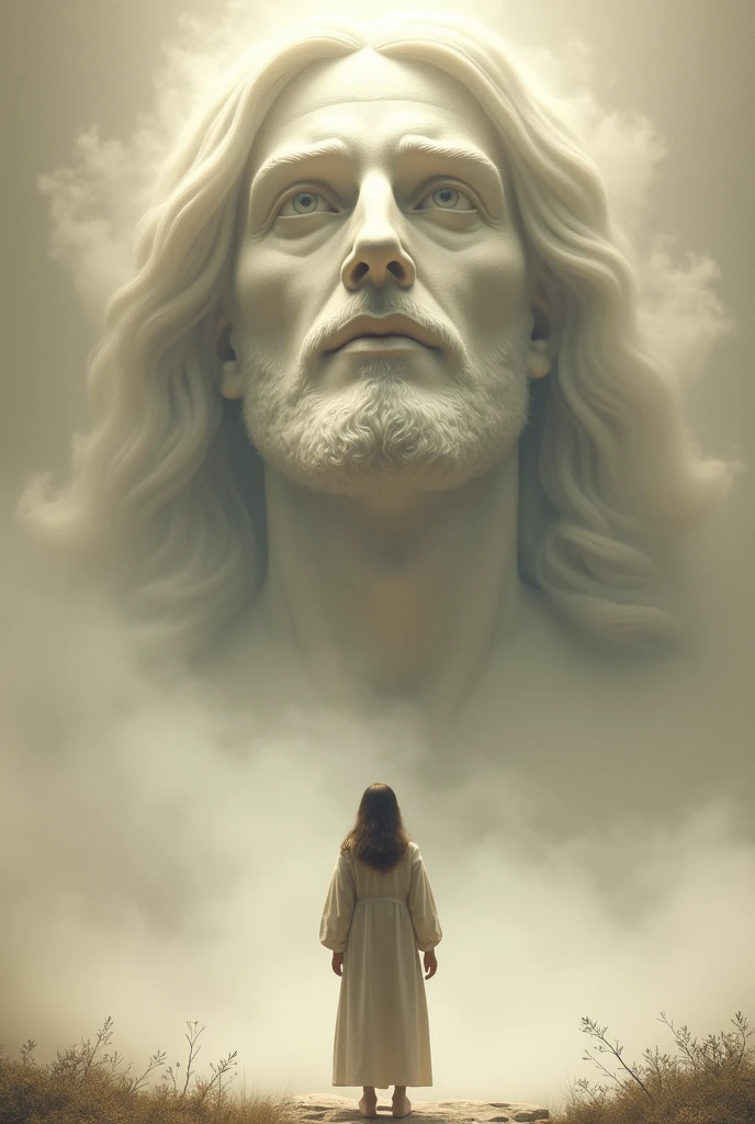 A serene scene where a Christian in simple clothing stands with his back to the viewer, looking at a colossal, ethereal face of Jesus that appears to be formed from mist and smoke. Jesus' face occupies the top part of the image, with a soft and calm expression. The background is a light, textured surface, creating a spiritual and contemplative atmosphere