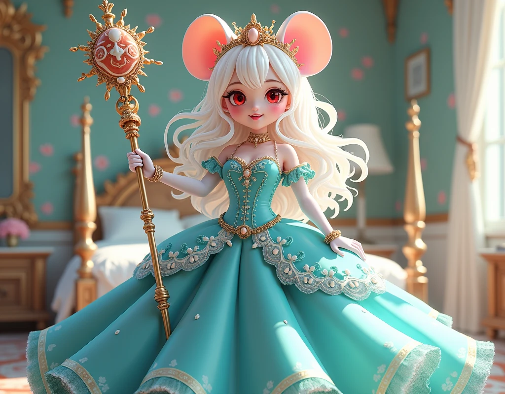 (best quality,4k,8k,highres,masterpiece:1.2), ultra-detailed, Pretty albino girl has a princess of the sea, drawn in 2D anime style, steampunk, wearing a iridescent turquoise princess gown with puffy sleeves, steampunk, gorgeous frilly dress design,flowing gown, elaborate lace details,rich textures,contrast stitching,delicate ribbon bows, seashells embroidery, full skirt with ocean wave pattern,short sleeves,fitted waistline,translucent flowing layered sleeves,lace-up back,luxurious fabrics,flawless silhouette, very long curly white hair and red eyes, white fur, smiling, mouse ears and tail, ribboned high heels, white elbow evening gloves, gold bracelets, tiara made of seashells, beautifully detailed lips with lipstick, long eyelashes, eyeshadow, seashell necklace, in a castle bedroom with intricate decoration and luxurious furniture, flower wallpaper, she is holding a magic staff made of seashells and pearls.