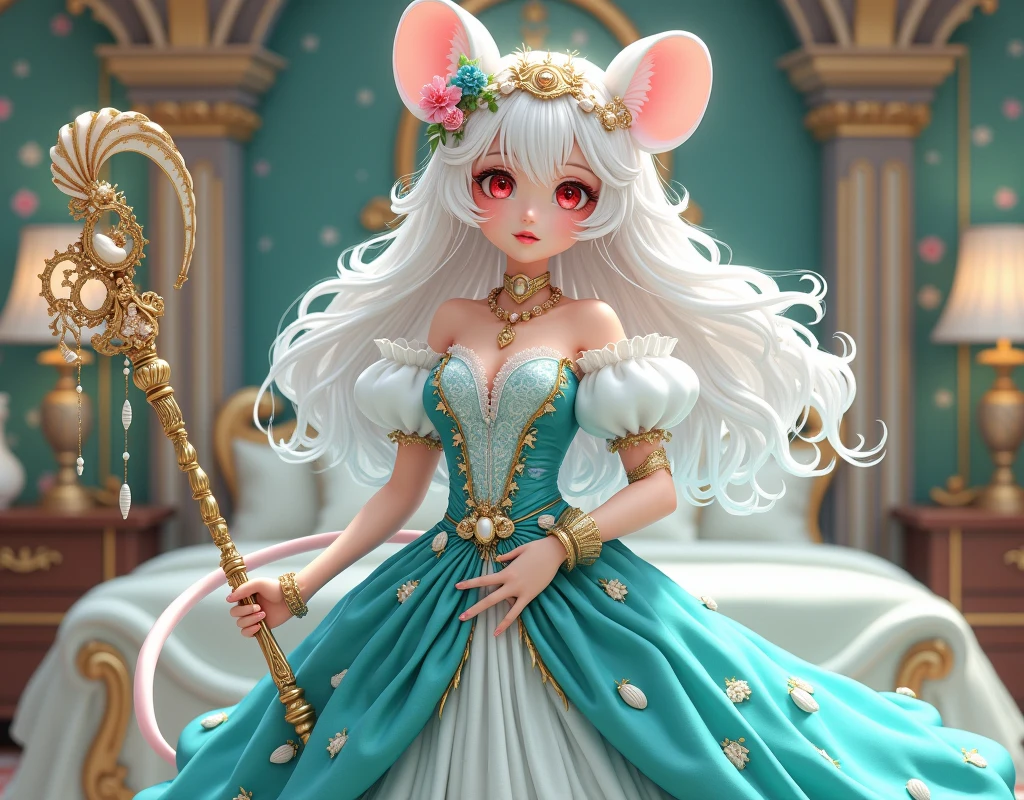 (best quality,4k,8k,highres,masterpiece:1.2), ultra-detailed, Pretty albino girl has a princess of the sea, drawn in 2D anime style, steampunk, wearing a iridescent turquoise princess gown with puffy sleeves, steampunk, gorgeous frilly dress design,flowing gown, elaborate lace details,rich textures,contrast stitching,delicate ribbon bows, seashells embroidery, full skirt with ocean wave pattern,short sleeves,fitted waistline,translucent flowing layered sleeves,lace-up back,luxurious fabrics,flawless silhouette, very long curly white hair and red eyes, white fur, smiling, mouse ears and tail, ribboned high heels, white elbow evening gloves, gold bracelets, tiara made of seashells, beautifully detailed lips with lipstick, long eyelashes, eyeshadow, seashell necklace, in a castle bedroom with intricate decoration and luxurious furniture, flower wallpaper, she is holding a magic staff made of seashells and pearls.