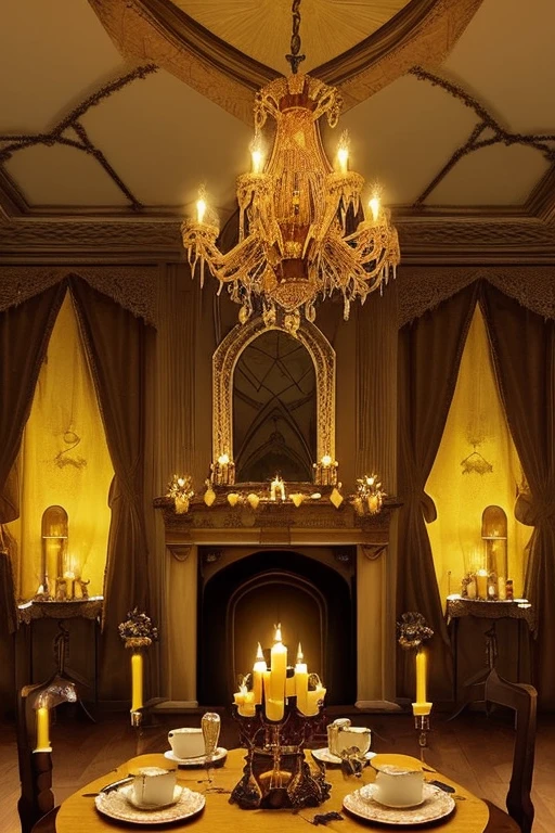 Gothic architecture、Yellow and brown atmosphere、Gothic、yellow、wood、very small teddy bear、Teddy bear under the tree、mantelpiece、table、stage、hinterland、room、chandelier、candle、Honey、Jar of honey、dining、table、pancake