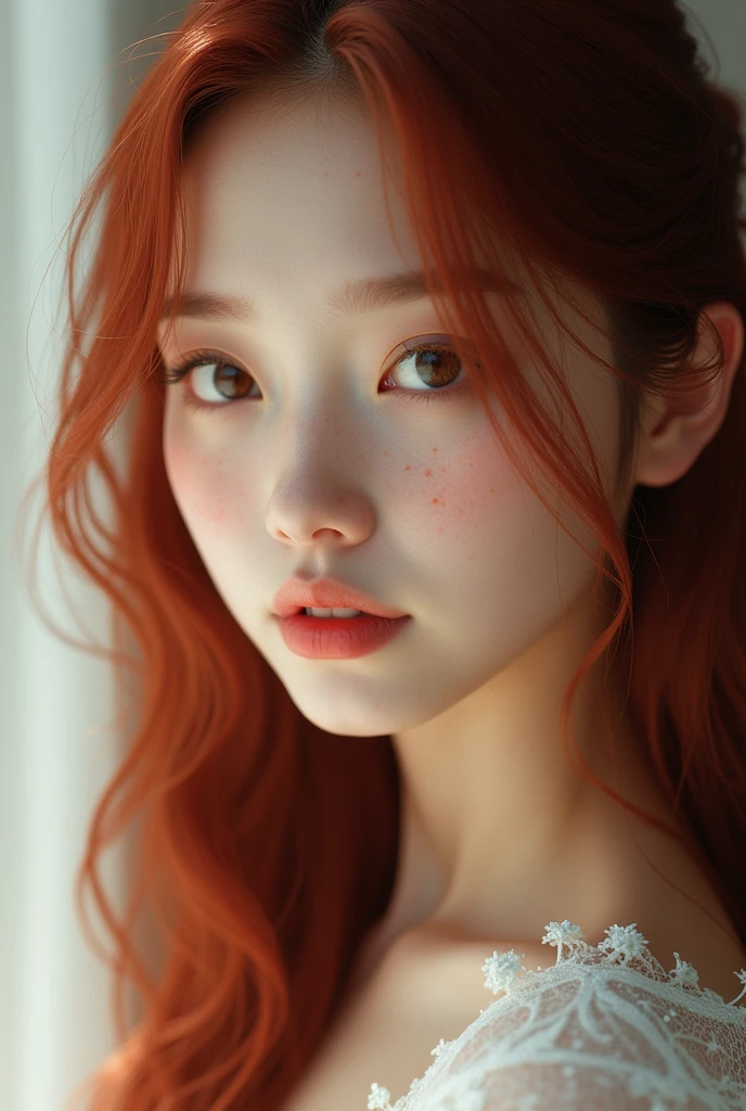 create a korean ulzzang with long wine red hair, big round brown eyes, fair skin, soft features and freckles