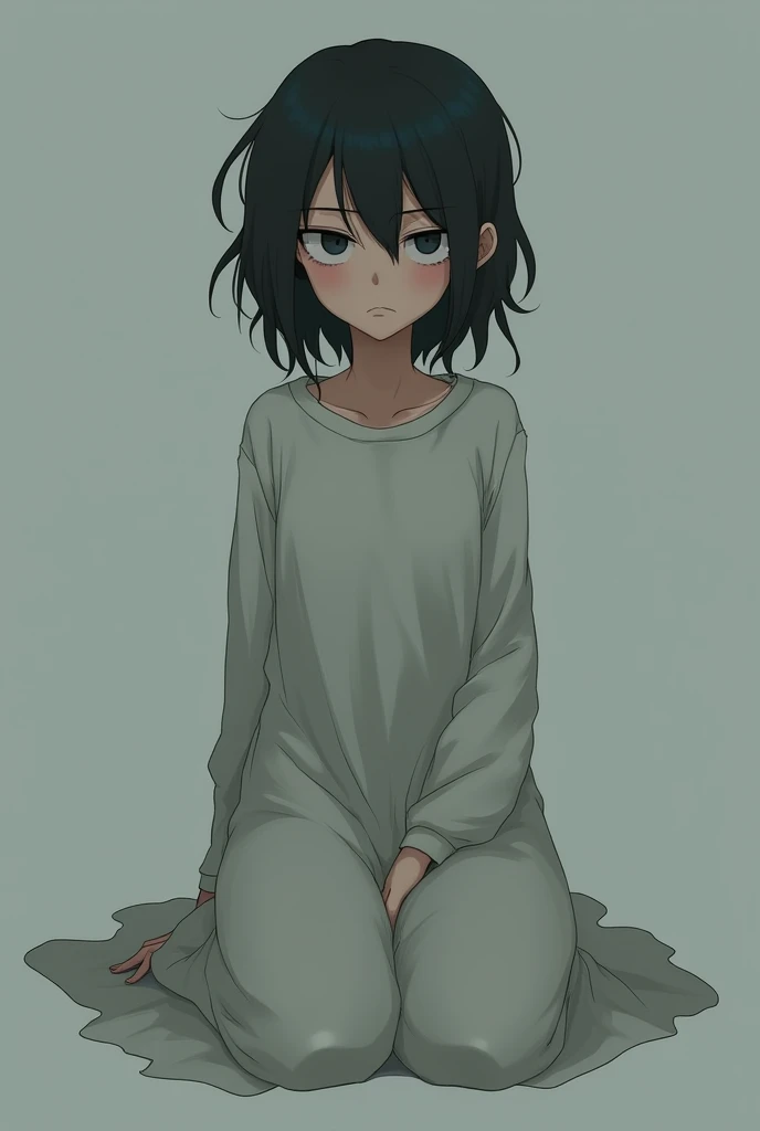 Anime girl in long pajamas dress with dirty look