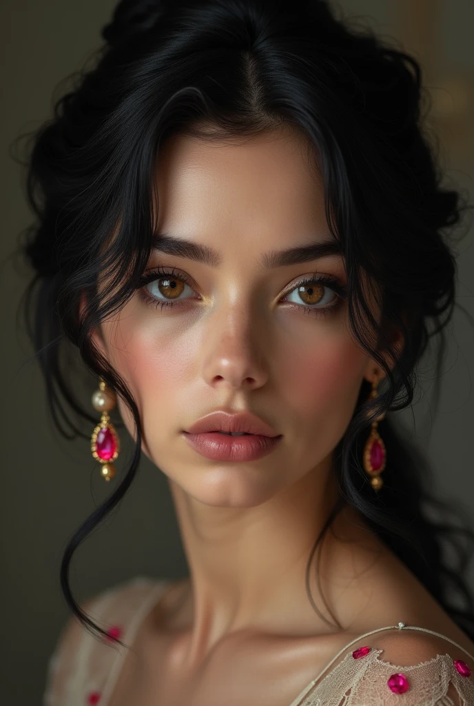 Her deep, glossy black hair falls in soft waves to the middle of her back. She often wears it loose, giving her a carefree, free-spirited air. However, on special occasions, she gathers it into an elegant bun, letting a few strands escape to frame her face.
A distinctive detail of Elara is the ruby earring that adorns her left ear. This earring is not just a piece of jewelry; it is a symbol of her family history and her connection to the past. The deep red ruby sparkles with every movement, attracting the attention of those around her and adding a touch of sophistication to her appearance.