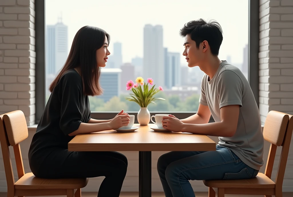 High Resolution, Masterpiece, Accurate, Best Quality, Detail, High Quality, realistic photo. A young 20 years old asian women, long dark hair, white skin, wearing a black shirt, black jeans, height: 155 cm, weight: 45 kg. A 2 man, short straight hair, wearing a silver t shirt, blue jeans, height: 160 cm, weight: 55 kg. They are sitting at a wooden table in front of a large window. They are facing each other and appear to be engaged in a conversation. The man is holding a cup of coffee in his hand and the woman is looking at him attentively. On the table, there are two cups of coffee and a small vase with flowers. The window behind them has a view of a city skyline. The room has white brick walls and the floor is made of wood.