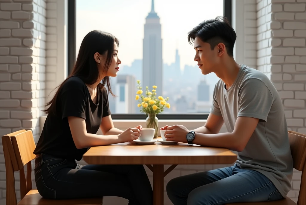 High Resolution, Masterpiece, Accurate, Best Quality, Detail, High Quality, realistic photo. A young 20 years old asian women, long dark hair, white skin, wearing a black shirt, black jeans, height: 155 cm, weight: 45 kg. A 2 man, short straight hair, wearing a silver t shirt, blue jeans, height: 160 cm, weight: 55 kg. They are sitting at a wooden table in front of a large window. They are facing each other and appear to be engaged in a conversation. The man is holding a cup of coffee in his hand and the woman is looking at him attentively. On the table, there are two cups of coffee and a small vase with flowers. The window behind them has a view of a city skyline. The room has white brick walls and the floor is made of wood.