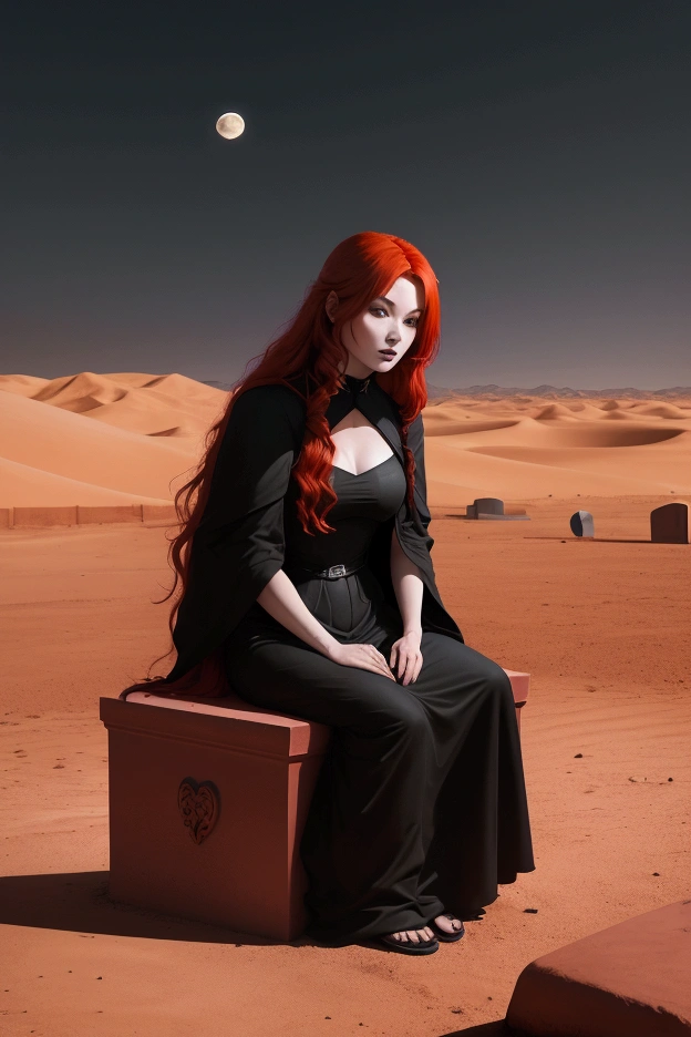 red haired woman sitting on closed black coffin in the middle of desert, there are tombstones all around, night, the moon is shining in the sky