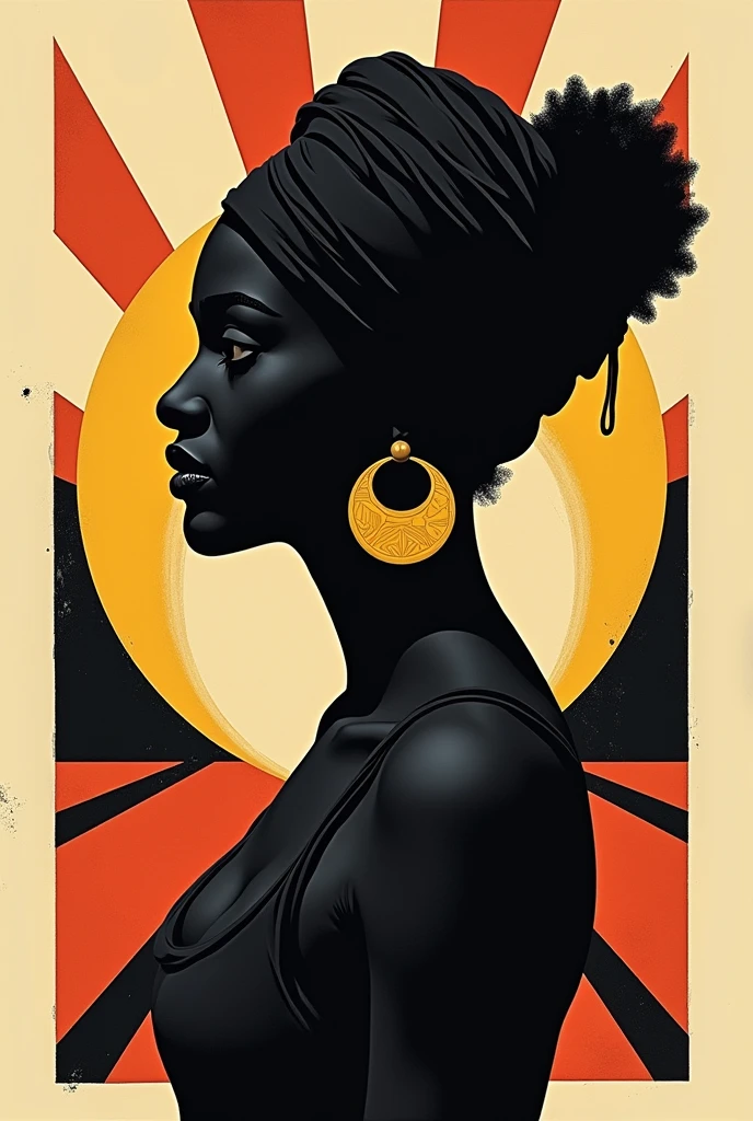 Create a 2d drawing, woman silhouette in profile, black quilombola without a face, wearing turban, ready to fight, big earrings, beige prevalence , blackw, rot, yellow. Stripes and triangles background.