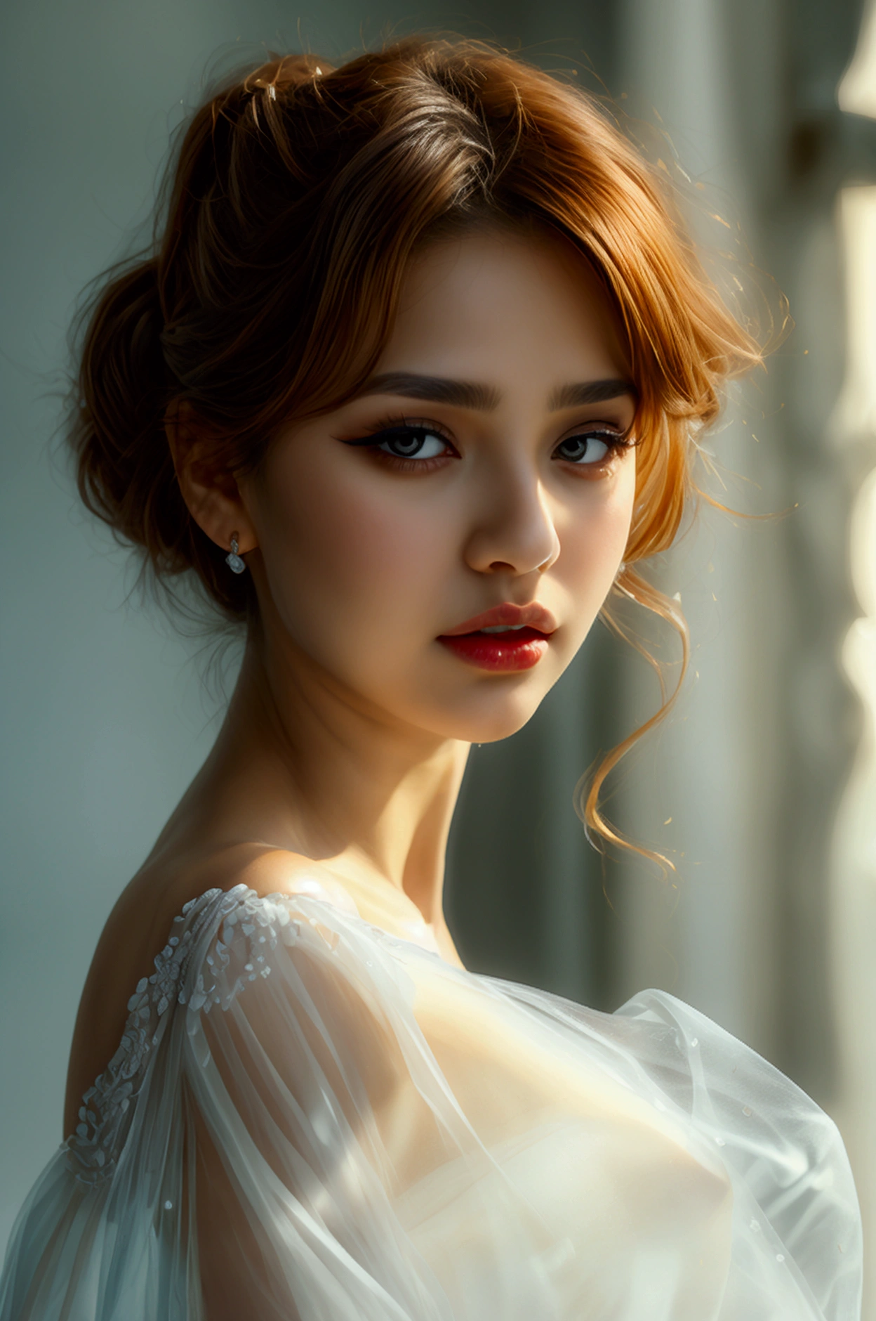 Wearing a white, transparent, thin dress, Black Shiny, Brown eyed, Red lipped, A very, very sexy and attractive woman