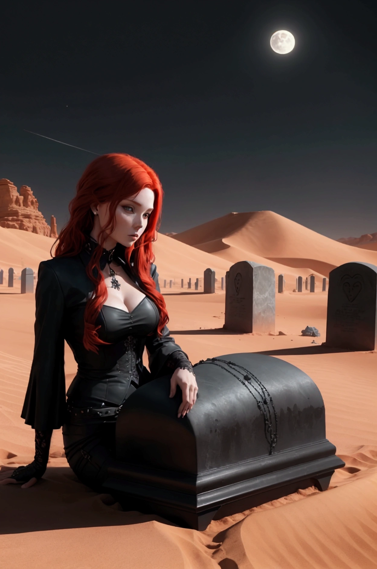 red haired woman sitting on closed black coffin in the middle of desert, there are tombstones all around, night, the moon is shining in the sky
