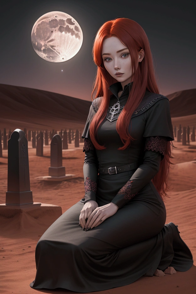 red haired woman sitting on closed black coffin in the middle of desert, there are tombstones all around, night, the moon is shining in the sky